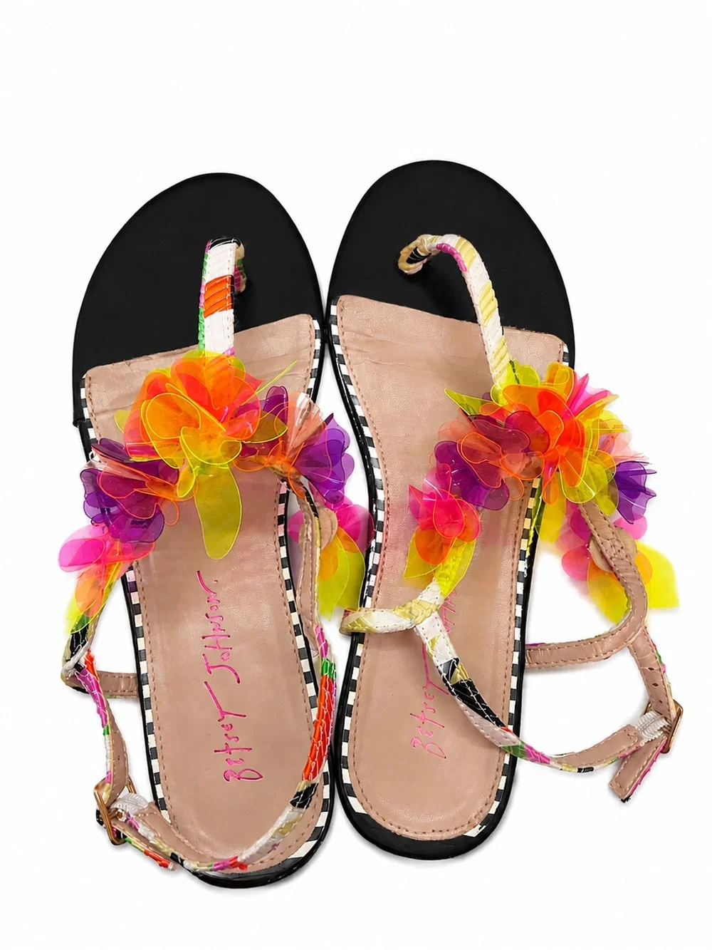 Betsey Johnson Hensly Neon Jelly Flower T-Strap Sandals Black Patent size 8